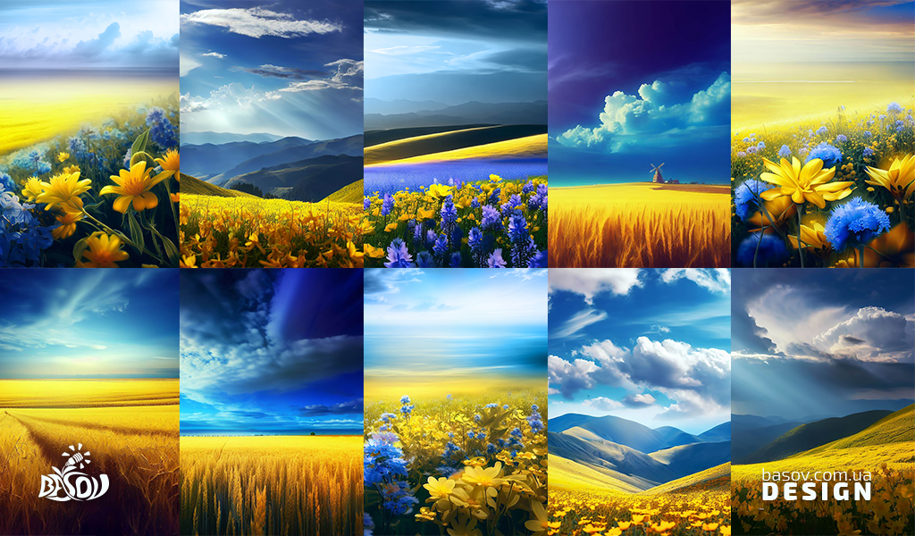 Пейзажі в національних кольорах України, жовто - блакитні.
